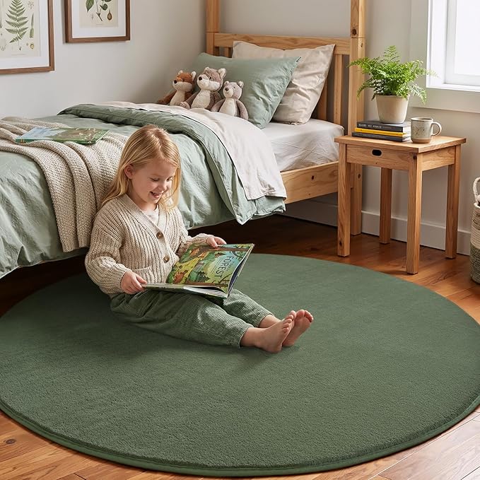 Amearea Sage Green Round Area Rugs 4ft Washable Circle Rugs for Bedroom Living Room, Fluffy Indoor Thickened Memory Foam Rug, Non Slip Minimalist Circular Carpet for Kids Boy Girl Dorm Nursery Room