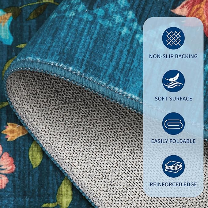 GarveeHome Floral Rug 2.5x10 Runners for Hallways, Boho Kitchen Runner Rugs Non Slip Bath Runners, Vintage Washable Runner Rug for Bedroom, Soft Long Rugs for Entryway Bathroom Laundry Dorm, Blue