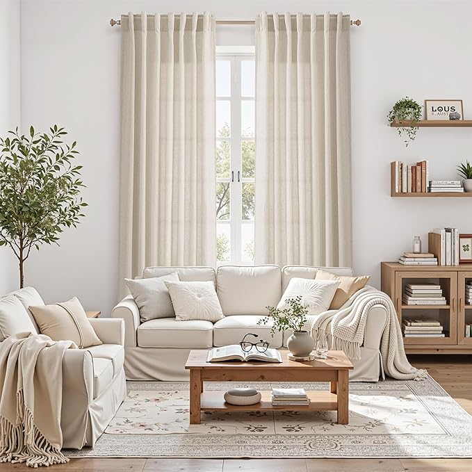 Nanspring Boho Linen Curtains 84 Inches Long for Living Room Light Filtering Semi Sheer Curtain Back Tab Eclectic Home Decor Modern Elegant Luxury Drapes for Bedroom Office 52x84,2 Panels