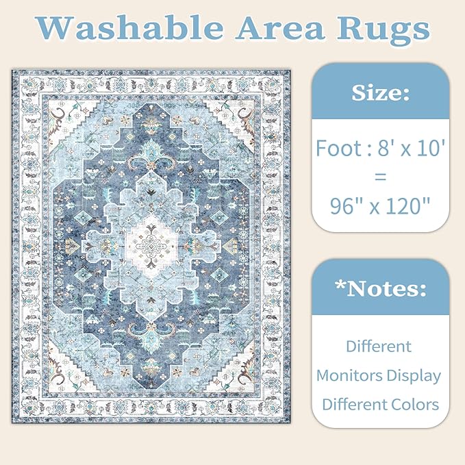 SERISSA Boho 8x10 Area Rugs Blue, Washable Vintage Large Living Room Rug Non-Slip, Ultra Soft Oriental Print Distressed Traditional Farmhouse Carpet for Dining Room Bedroom Dorm Office Home Decor