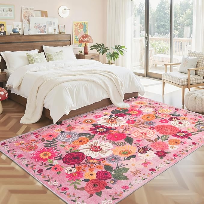 Pink Floral Girls Room Rug 4x6, Non-Slip Washable Rugs for Bedroom Living Room Nursery Kitchen Dining Room Indoor, Ultra-Thin Soft Stain Resistant Girls Room Decor(4 x 6, Pink Garden)