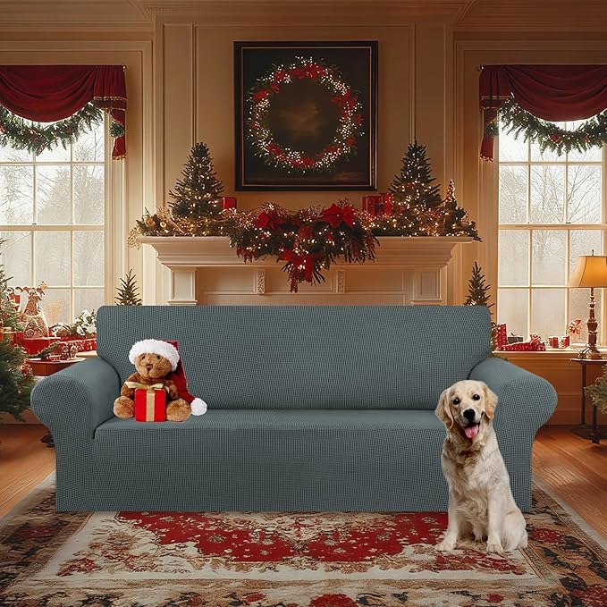 KEKUOU Stretch Oversized Sofa Slipcover 1 Piece Couch Sofa Cover (94"-110") Furniture Protector 4 Seater Sofa with Elastic Bottom for Kids,Pet.Jacquard Checked Pattern Fabric(X Large,Grey)