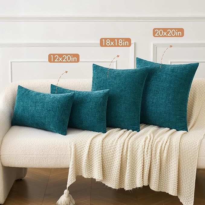 MIULEE Pack of 2 Dark Teal Throw Pillow Covers 12x20 Inch Soft Chenille Lumbar Pillow Covers for Sofa Living Room Couch Solid Dyed Cases