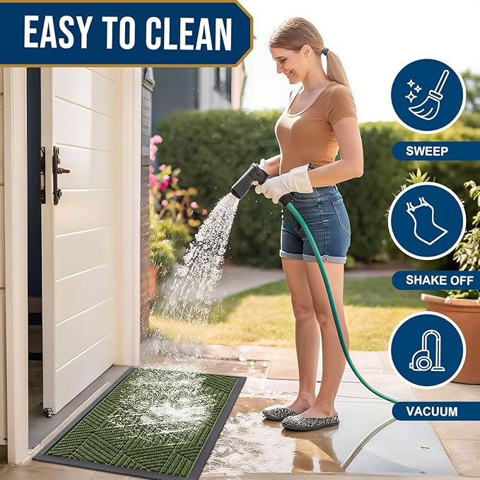 Smiry Front Door Mat Outside Entrance, Heavy Duty Sturdy Natural Rubber Doormat, Trap Dirt and Moisture, Easy Clean Low Profile Mats for Indoor Outdoor Entry, Irregular Triangle (29.5x17, FST-Green)