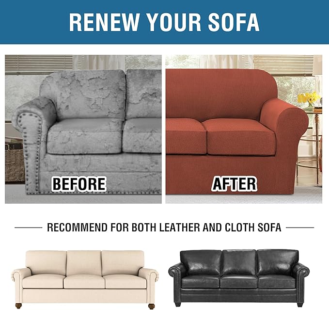 H.VERSAILTEX 4 Piece Stretch Sofa Covers for 3 Cushion Couch Covers for Living Room Furniture Slipcovers (Base Cover Plus 3 Seat Cushion Covers) Upgraded Thicker Jacquard Fabric (Sofa, Rust)