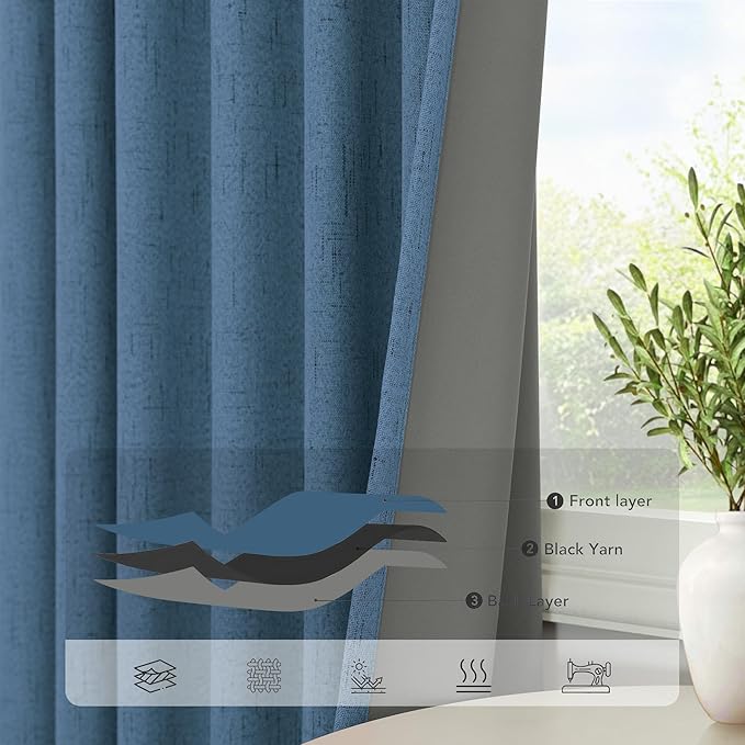 Denim Blue Back Tab Blackout Curtains 108 Inches Long 2 Panel Set Cotton Linen Textured Darkening Drapes Sound Proof Ceiling Curtain for Bedroom Living Room Divider Patio Sliding Glass Door 108 Length