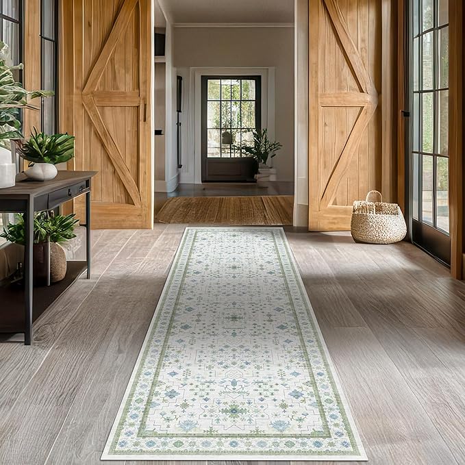 Hazo Haus Oushak Wide Hallway Runner Rug 2'6"x10' - Vintage Turkish Floral, Washable Low Pile Non Slip 10ft Wide Runners for Kitchen, Hall Way - Blue and Green