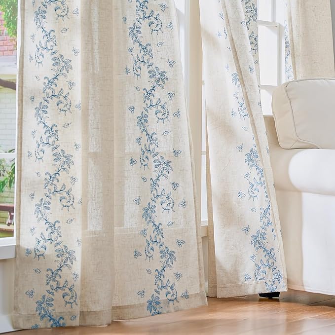 jinchan Evelyn Embroidered Linen Curtains for Living Room Farmhouse Floral Curtains for Bedroom Semi Sheer Light Filtering Window Drapes Rod Pocket Back Tab 2 Panels W50 x L96 Blue