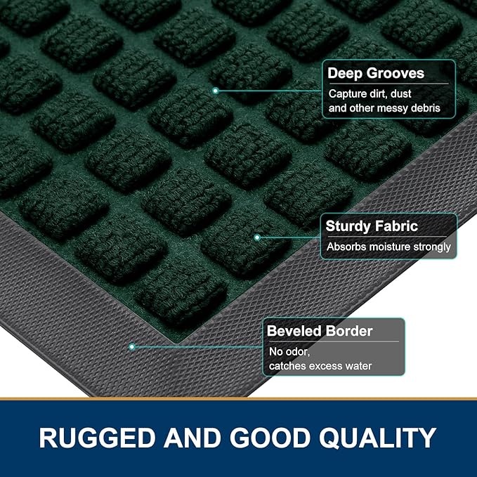 Smiry Front Door Mat Outside Entrance, Heavy Duty Natural Rubber Doormat, Non Slip, Trap Dirt and Moisture, Easy Clean, Low Profile Welcome Floor Mats for Indoor Outdoor Entry, 47x32 Inch, Black Green