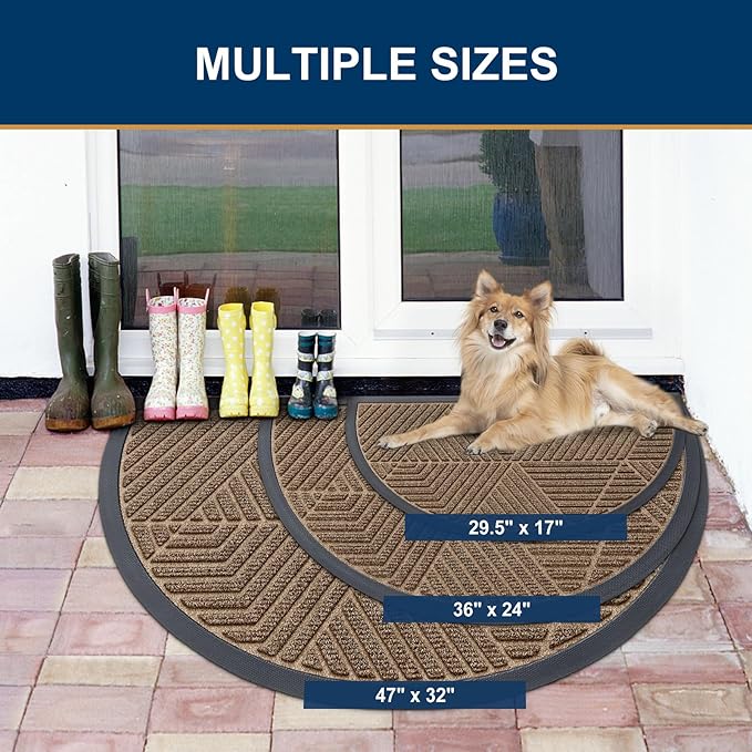 Smiry Half Circle Front Door Mat Outside Entrance, Heavy Duty Sturdy Natural Rubber Doormat, Trap Dirt and Moisture, Low Profile Mats for Indoor Outdoor Entry, Irregular Triangle (47x32, Brown)