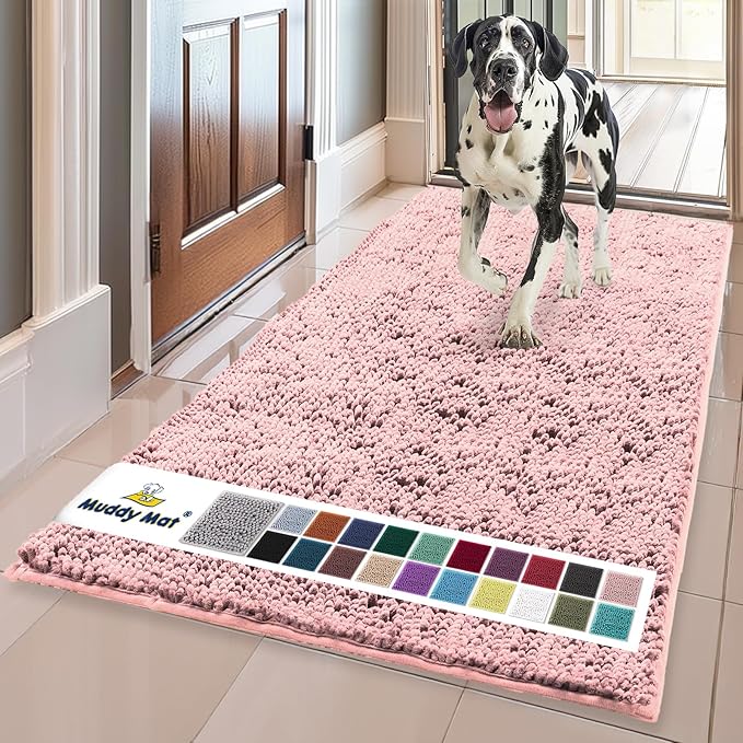 Muddy Mat® | Super Absorbent Door Mat Indoor, Microfiber Quick Dry Chenille Entryway Rug, Non-Slip Front Door Mat, Indoor Mats for Entryway, Machine Washable Pet Rug, Light Pink 24" x 120"