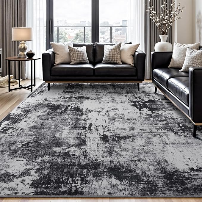 Rugflix 8x10 Area Rugs for Living Room, Black Grey Large Rug Stain-Resistant Low Pile, Big Washable Dark Carpet Non-Slip for Bedroom Dining Room Home Office Nursery Room