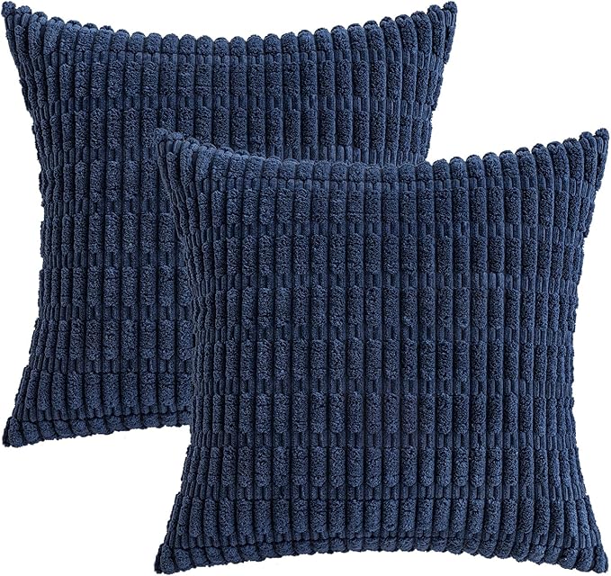 MIULEE Pack of 2 Corduroy Decorative Euro Sham Throw Pillow Covers 24x24 Inch Soft Boho Striped Pillow Covers Modern Farmhouse Home Decor for Summer Coastal Sofa Living Room Couch Bed Dark Blue