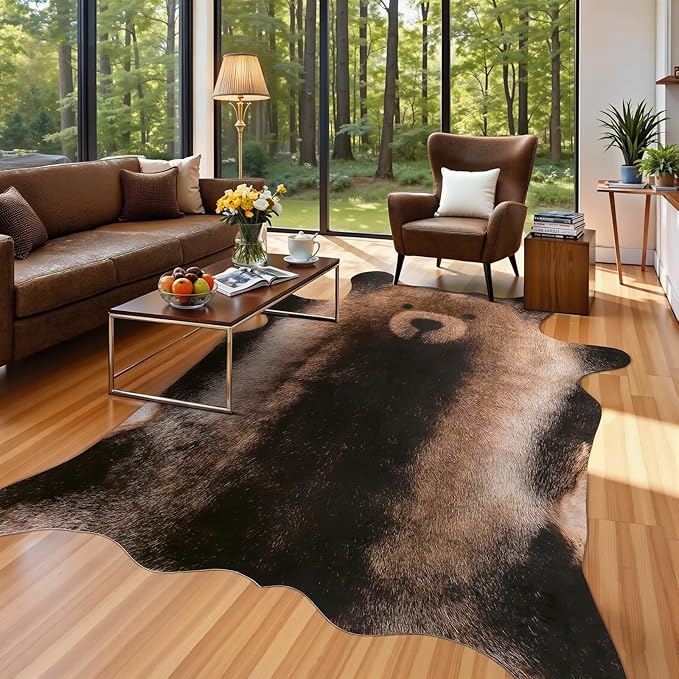 AROGAN Premium Bear Print Rug 5.2x6.2 Feet, Machine Washable Faux Fur Rug, Non-Slip Animal Print Hide Bear Skin Area Rug for Bedroom Living Room Home Decor