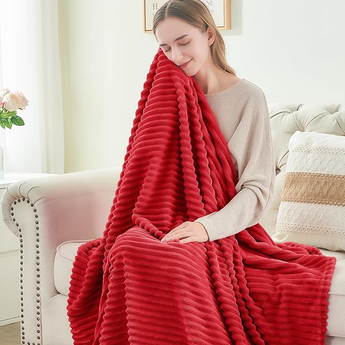 BEDELITE Fleece Blanket King Size – 3D Ribbed Jacquard Soft and Warm Decorative Fuzzy Blankets – Cozy, Fluffy, Plush Lightweight Throw Blankets for Couch, Bed, Sofa(Red, 108x90 inches)