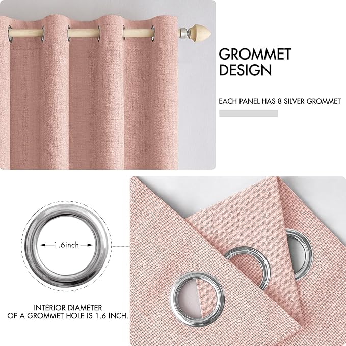MIULEE 100% Blackout Linen Curtains for Bedroom Thermal Insulated Blush Pink Grommet Room Darkening Curtains & Drapes for Living Room Nursery 52 x 96 Inch (2 Panels)