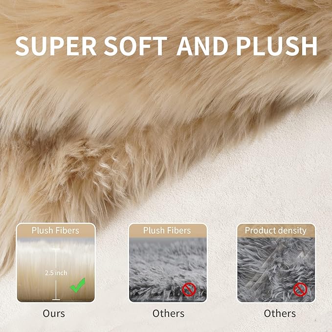 Small Faux Fur Sheepskin Rug 2x4 ft Ultra Soft Chair Sofa Cover Seat Pad, Beige Fluffy Shag Rugs for Bedroom Nursery Kids Room, Luxury Shaggy Rug Fuzzy Plush Floor Carpets