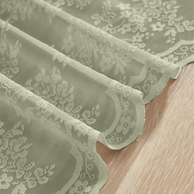 YJ YANJUN Vintage Lace Curtains 30 Inch Length-Victorian Floral Pattern Boho Sage Green Kitchen Window Curtains Over Sink Set of 2 Camper Window Privacy DrapesThat Let Light in Spring