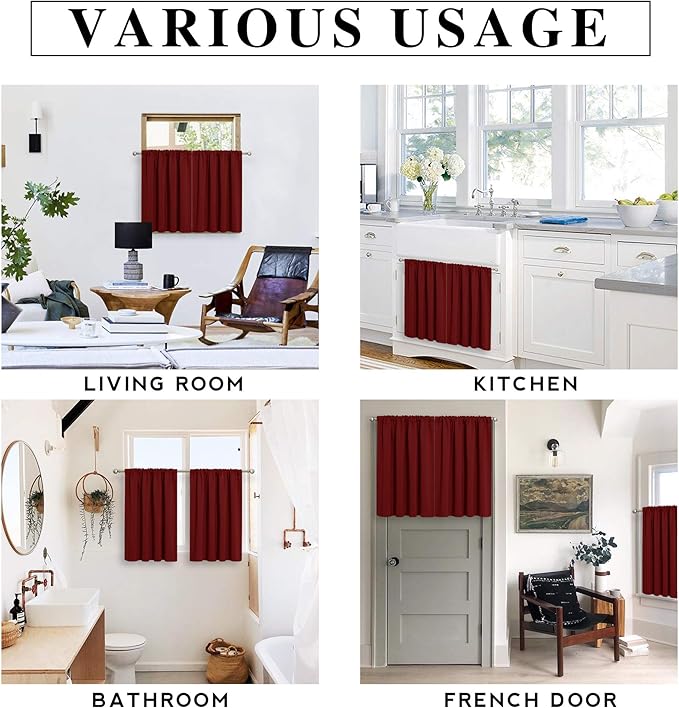 RYB HOME Short Blackout Curtains for Small Window, Sunmmer Heat Light Blocking Privacy Protection Curtains for Sunroom Laundry Room Stair Window, Width 52 by Length 36, Burgundy Red, Set of 2