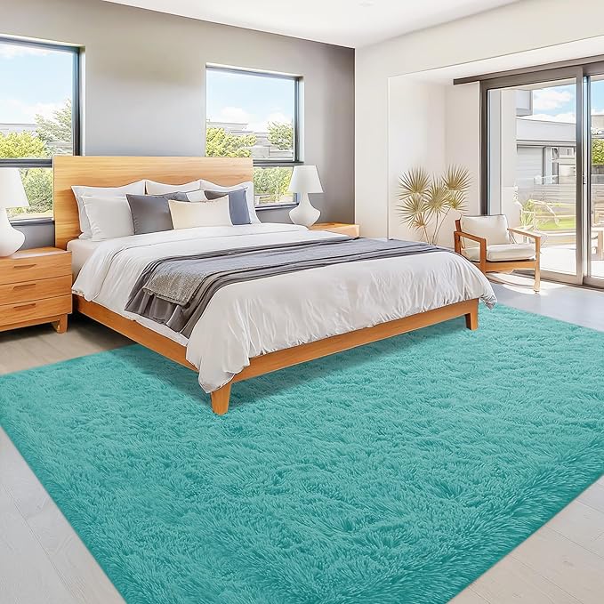 8x10 Area Rugs for Living Room: Fluffy Shag Soft Washable Rug Large Fuzzy Plush Indoor Carpet for Bedroom Nursery Playroom Kids Girls Boys Room (Teal Blue, 8'x10')