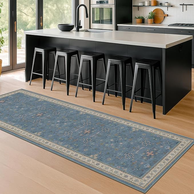 Light Blue 2x7 Washable Kitchen Runner - Boho Non Slip Runner Rug for Hallway, Bedroom Beside Bed,Entryway, Low Pile Floral Eclectic Unique Runner Décor
