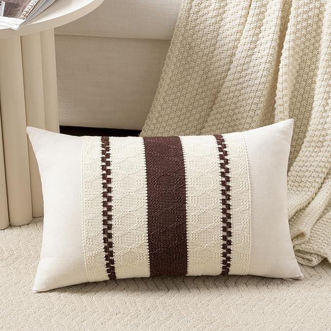 Fancy Homi Set of 1 Boho Brown Long Lumbar Decorative Throw Pillow Cover 12x24 Inch for Couch Bed Sofa Chair, Modern Organic Farmhouse Home Decor, Soft Cotton Cute Accent Rectangle Cushion Case