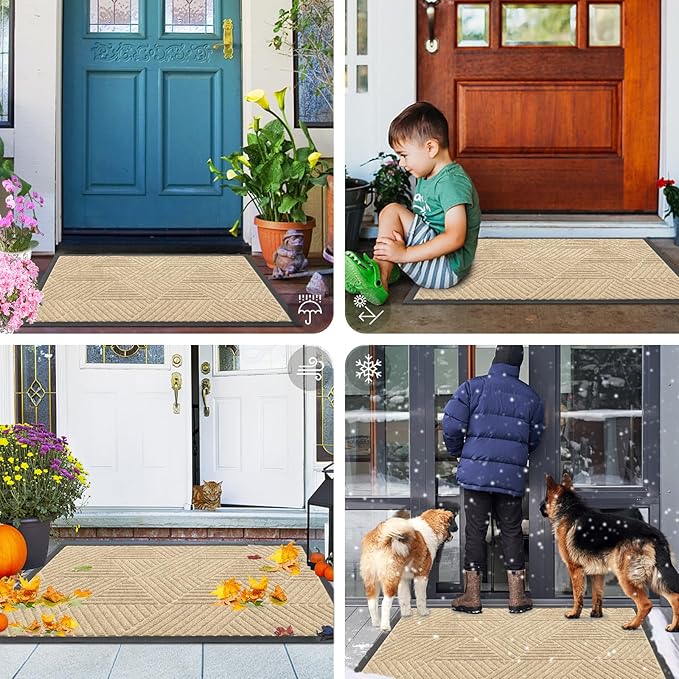 Smiry Front Door Mat Outside Entrance, Heavy Duty Sturdy Natural Rubber Doormat, Trap Dirt and Moisture, Easy Clean Low Profile Mats for Indoor Outdoor Entry, Irregular Triangle (29.5x17, Cream White)