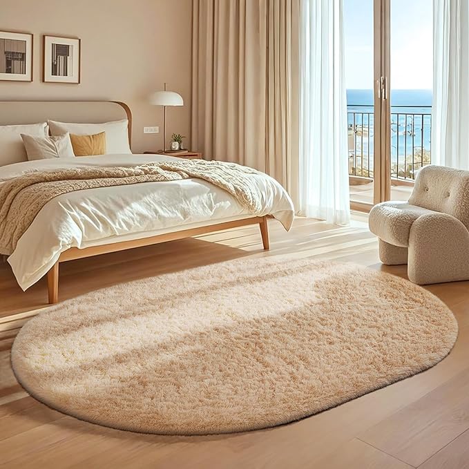 Ophanie 4x6 Oval Beige Rugs for Bedroom Living Room, Fluffy Fuzzy Furry Carpet, Plush Soft Shaggy Bedside Indoor Floor Area Rug for Kids Girls Boys Baby Teen Dorm Nursery Home Decor Aesthetic