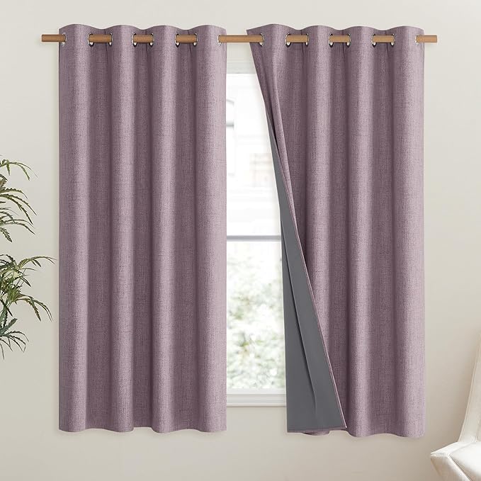 NICETOWN Chaise Mauve Vintage Linen 100% Blackout Curtains for Living Room, Thermal Insulated Curtains 48" Long, Noise Reducing Window Treatment Drapes for Hall Room, 52" Wide Per Panel, Set of 2