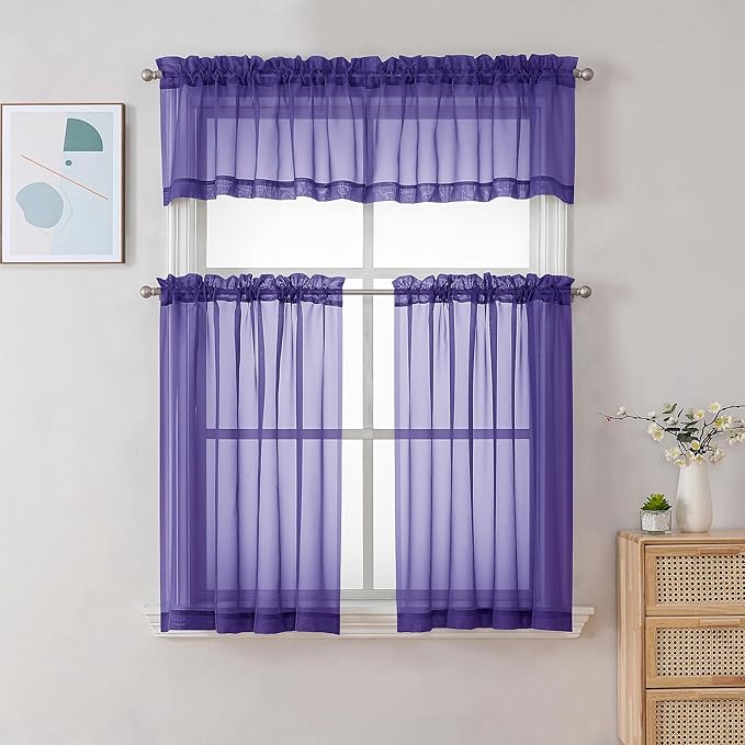 Chyhomenyc Sheer Valances for Windows 2 Pack, Small Window Curtains for Living Room Bathroom Cafe Laundry Basement, Modern Top Dual Rod Pocket Voile Curtain, 42W x 18L inches, Purple