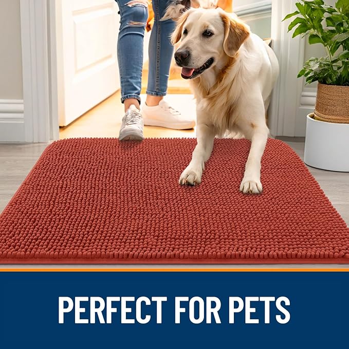 OLANLY Dog Door Mat for Muddy Paws 48x30, Absorbs Moisture and Dirt, Absorbent Non-Slip Washable Doormat, Quick Dry Chenille Mud Mat for Dogs, Entry Indoor Entryway Carpet for Inside Floor, Maple Red