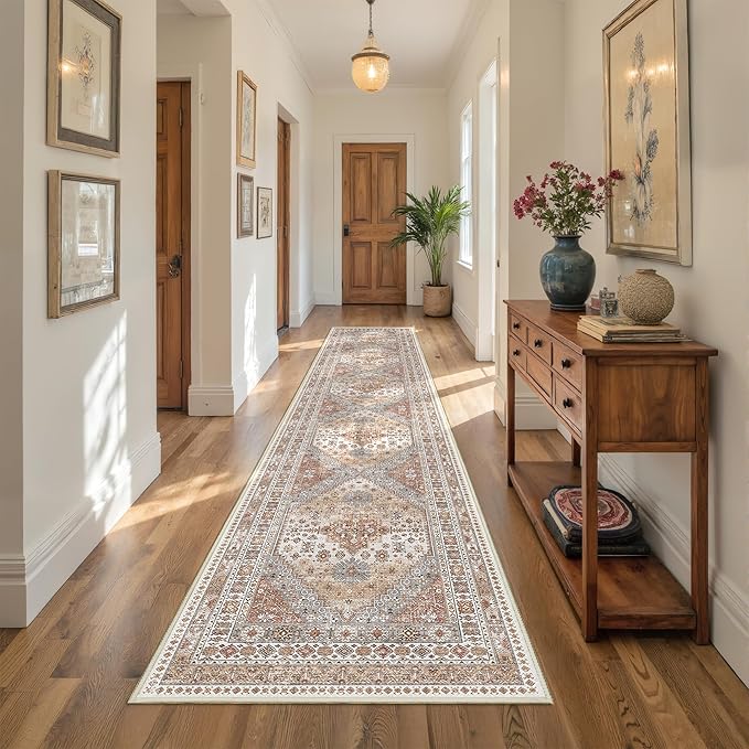 Hallway Runner Rug 2x12, Extra Long Washable Runner Rugs with Rubber Backing, Non Slip Runner, Vintage Rug Runners for Kitchen Laundry Room Entryway (Orange,2'x12')