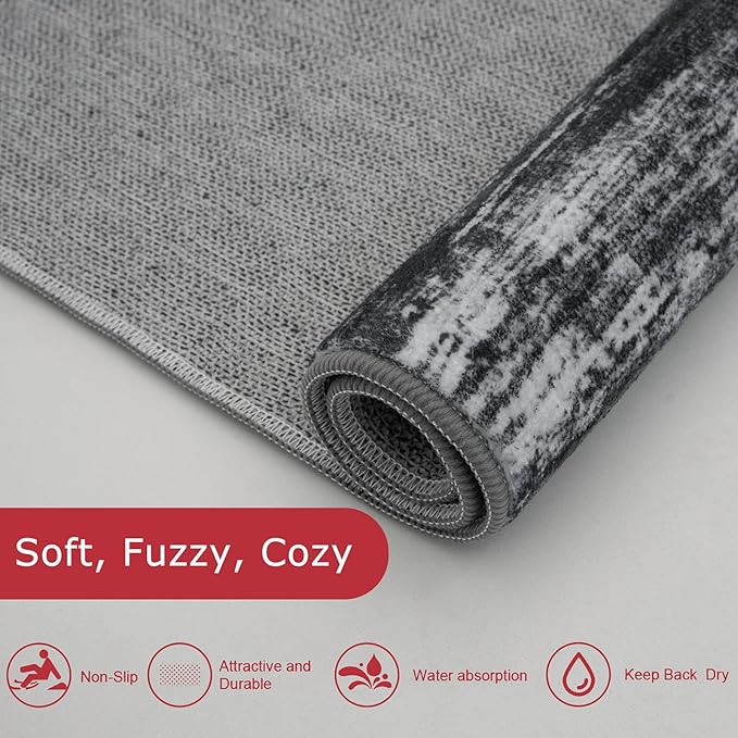 KOZYFLY Modern Abstract Washable Rug Runner 2.6x12 Hallway Rug Runner Non-Slip Soft Kitchen Runner Rugs, Black Navy Blue Grey Striped Carpet for Entryway Bathroom Laundry Room Foyer