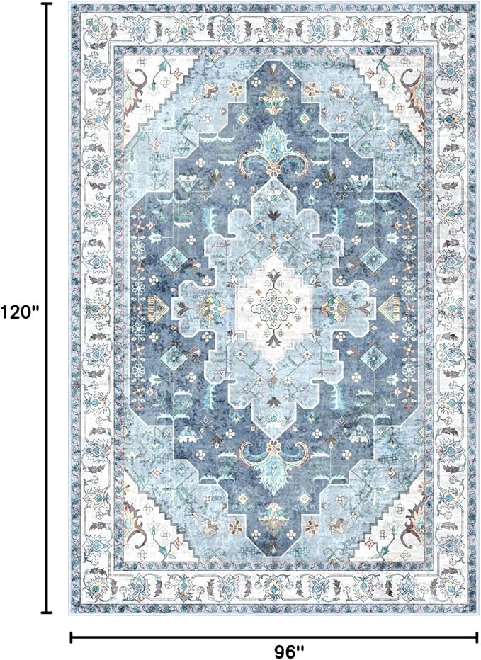 SERISSA Boho 8x10 Area Rugs Blue, Washable Vintage Large Living Room Rug Non-Slip, Ultra Soft Oriental Print Distressed Traditional Farmhouse Carpet for Dining Room Bedroom Dorm Office Home Decor