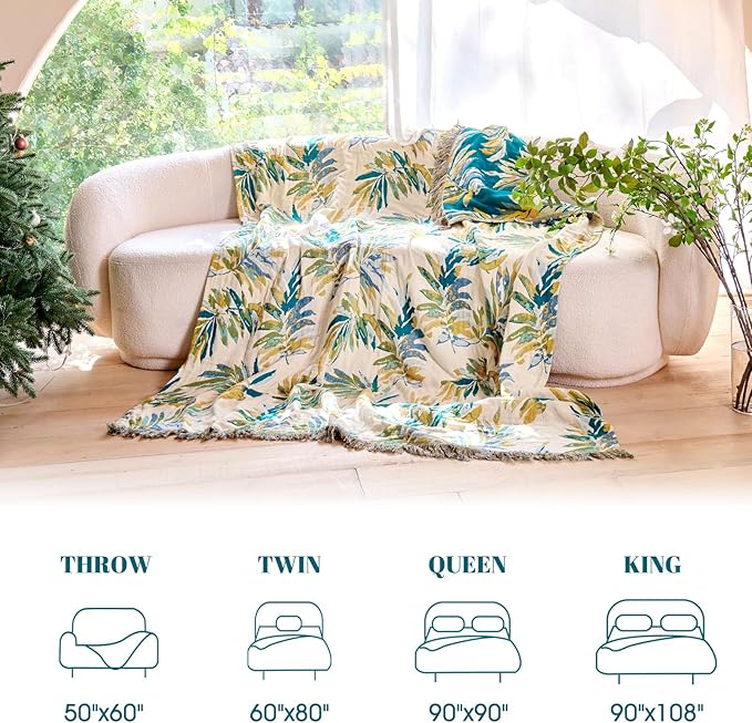 MSGKV Boho Throw Blanket for Bed Cotton 60"x80" Leaves Blanket Twin Size Couch All Seasons Muslin Spring Breathable Lightweight Farmhouse Blankets