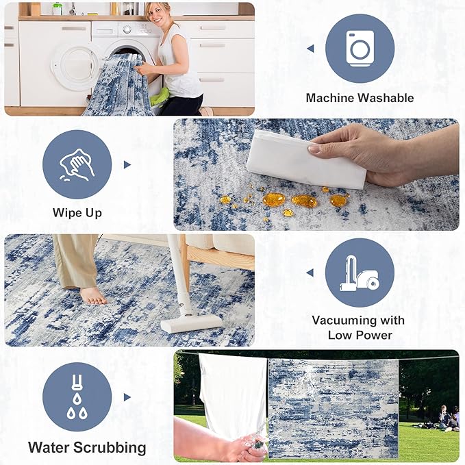 6x9 Area Rugs for Living Room - Washable Rug Modern Abstract Soft Large Neutral Non-Slip Carpet Indoor Floor Thin Carpets for Bedroom Dining Room Farmhouse Nursery Home Office Blue Gray