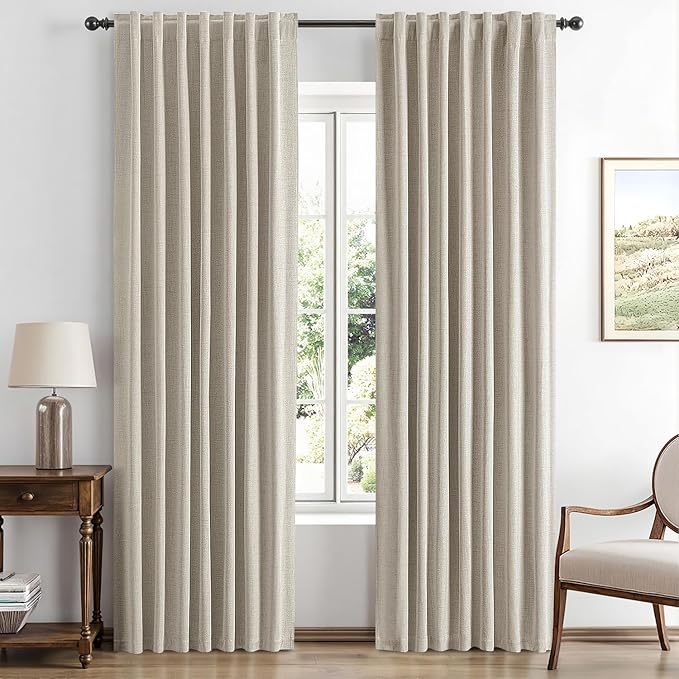 MIULEE 100% Blackout Linen Curtains for Bedroom, Stone Solid Luxury Decor Thermal Insulation Room Darkening Drapes for Living Room Nursery Back Tab Rod Pocket 42 x 90 Inches, 2 Panels