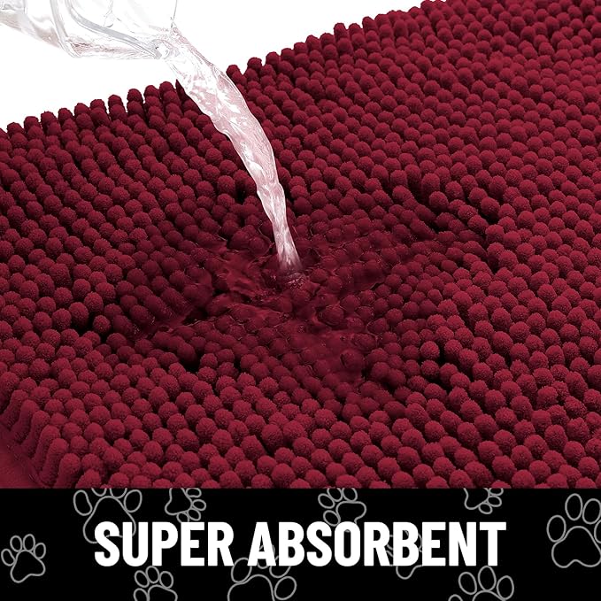 Smiry Dog Door Mat for Muddy Paws, Absorbent Dirt Trapper Non Slip Quick Dry Washable Chenille Mat for Mud Dogs, Entry Rug for Indoor and Outdoor (40x32 Inches, Burgundy and White)