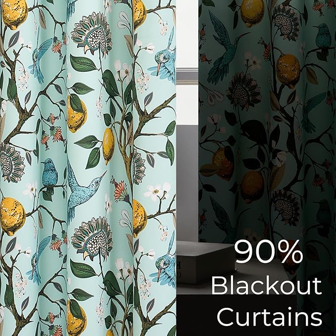 Topfinel Green Floral Curtains 84 Inches Long Vintage French Country Grommet Botanical Hummingbird Woodland Jungle Victorian Patterned Mint Green Lemon Drapes for Bedroom Dining Living Room