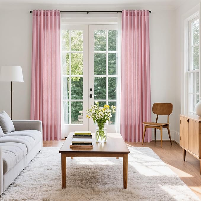 Rose Linen Curtains 84 Inch Long 2 Panel Set with Back Tab Rod Pocket Light Filtering Privacy Semi Sheer Textured for Neutral Farmhouse Style Bedroom and Living Room 52x84