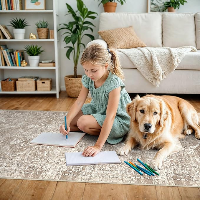 2'6"x12' Washable Hallway Runner Rug - Non Slip Kitchen Runner Rugs with Rubber Backing Vintage Low-Pile Carpet Runners for Entryway Dining Room Laundry Room Home Decor (Beige)