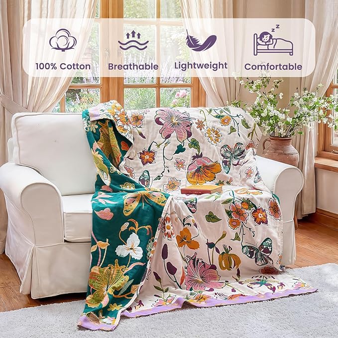 MSGKV Boho Throw Blanket 90"x108" Floral Blanket for Bed 100% Cotton Spring Breathable Lightweight Farmhouse King Blankets All Seasons Home Decor Muslin