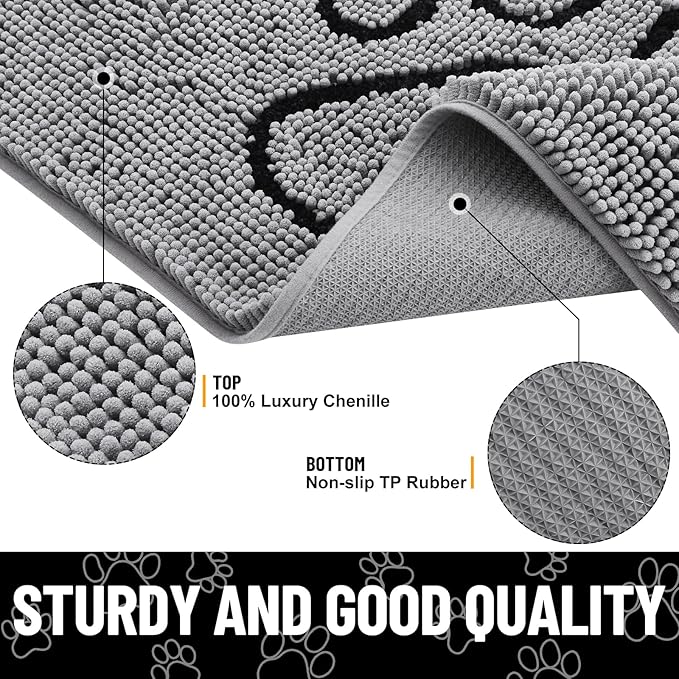 Smiry Dog Door Mat for Muddy Paws, Absorbent Dirt Trapper Non Slip Quick Dry Washable Chenille Mat for Mud Dogs, Entry Rug for Indoor and Outdoor (44x24 Inches, Grey and Black)
