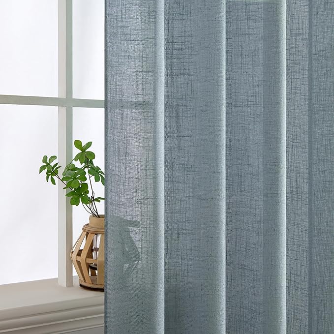 MIULEE Dusty Blue Short Linen Curtains 45 Inch Length 2 Panels for Kitchen Bedroom Bathroom, Soft Thick Linen Textured Basement Window Drapes Semi Sheer Light Filtering Back Tab Burlap Look Decor