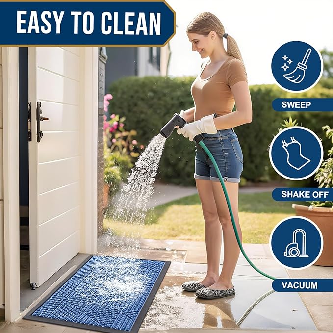 Smiry Front Door Mat Outside Entrance, Heavy Duty Sturdy Natural Rubber Doormat, Trap Dirt and Moisture, Easy Clean Low Profile Welcome Floor Mats for Indoor Outdoor Entry, 47x23 Inch, Blue
