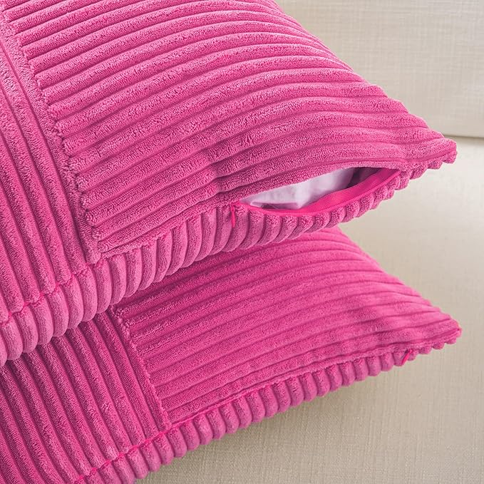 Fancy Homi 2 Packs Hot Pink Long Lumbar Decorative Throw Pillow Covers 12x24 Inch for Couch Bed Sofa, Rustic Farmhouse Boho Home Decor, Soft Striped Corduroy Rectangle Accent Cushion Case 30x60 cm