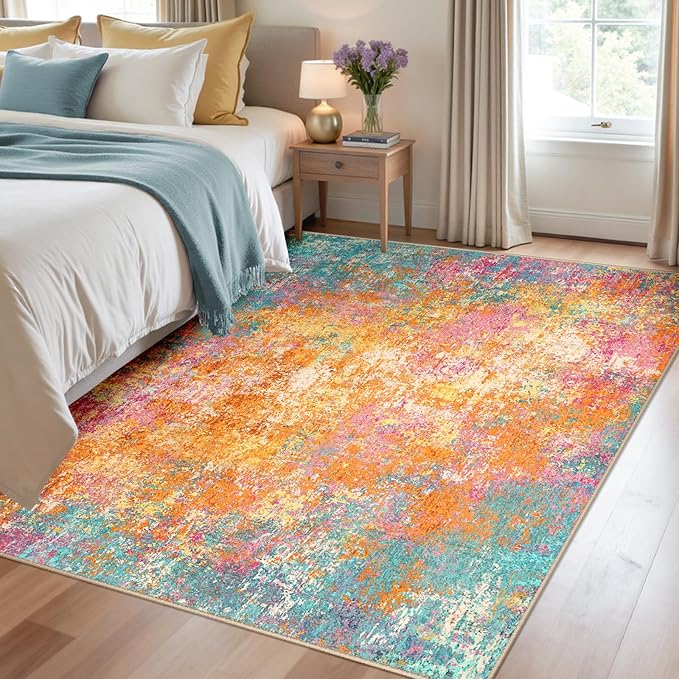 Washable Area Rugs 4'x6' Non-Slip Modern Abstract Soft for Living Room Entryway Bedroom Nursery, Print Pattern, Orange Blue Pink Yellow Colorful