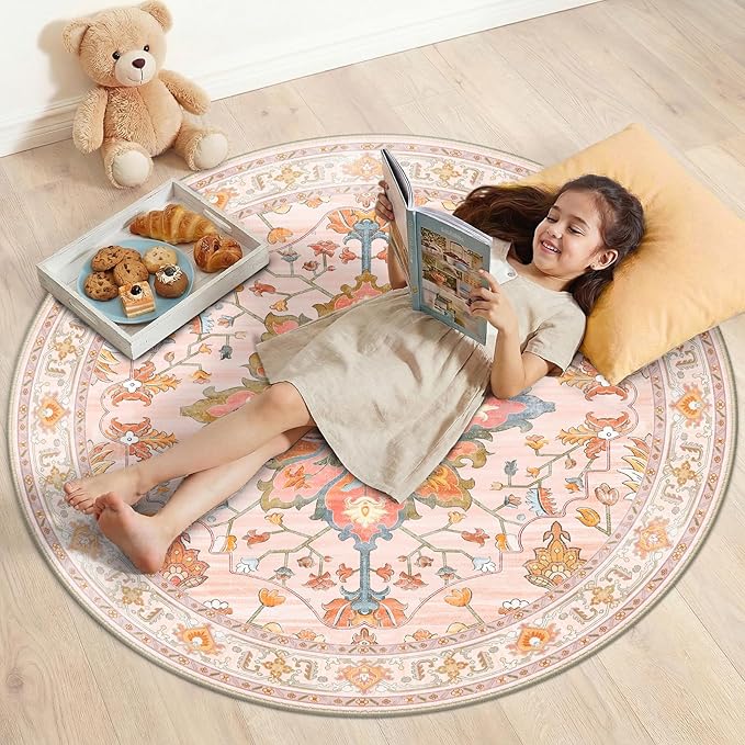 RELEANY Area Rugs 4ft Washable Non-Slip, Floral Vintage Distress Print Pattern Medallion Carpet for Living Room Bedroom Dining Room, Light Pink Colorful