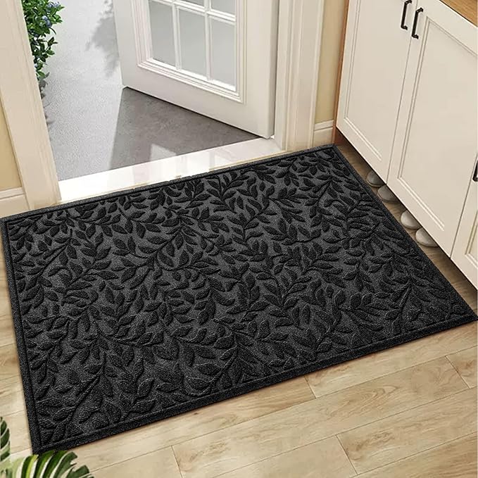 Bulijojo Sturdy Front Entrance Doormats,Durable Heavy Duty Welcome Mat,Thick Absorbent Natural Rubber Non Slip Mat,Easy Clean Entryway Mat Leaves Black, 47" x 32"