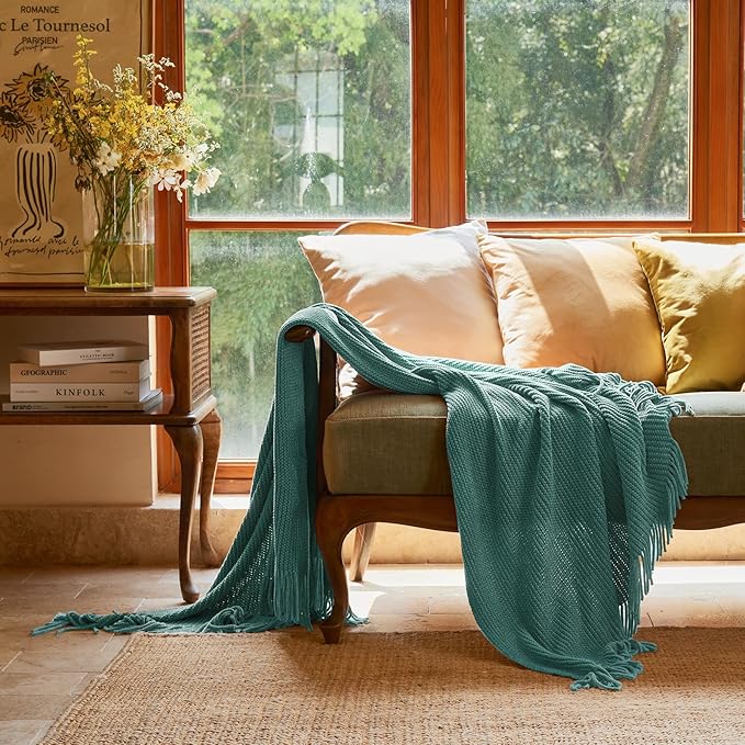 lifein Throw Blanket for Couch, Soft Boho Decor Bed Throw,Cozy Blue Chenille Knitted Small Farmhouse Lightweight Throw (Aqua,60 * 80")